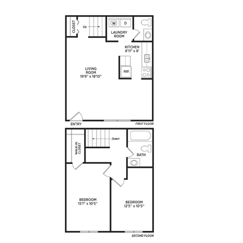 Floor plan for 2 beds, 1.5 baths, 1050 sqft